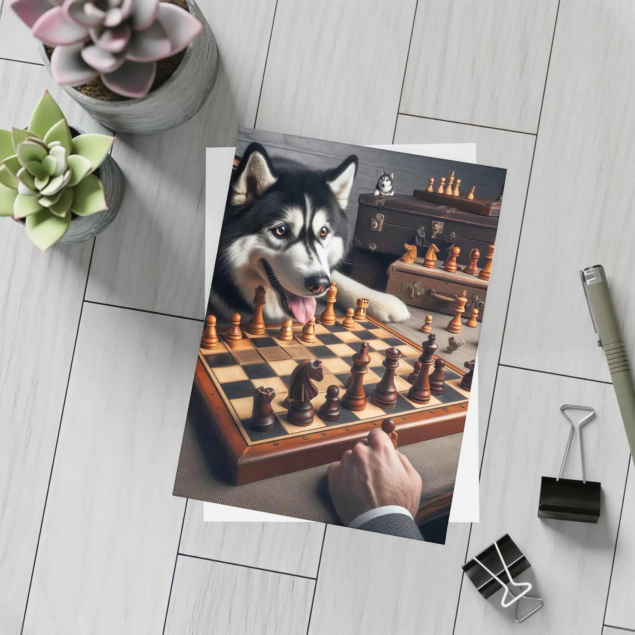 Siberian Husky Playing Chess Vintage Setting – Postcards