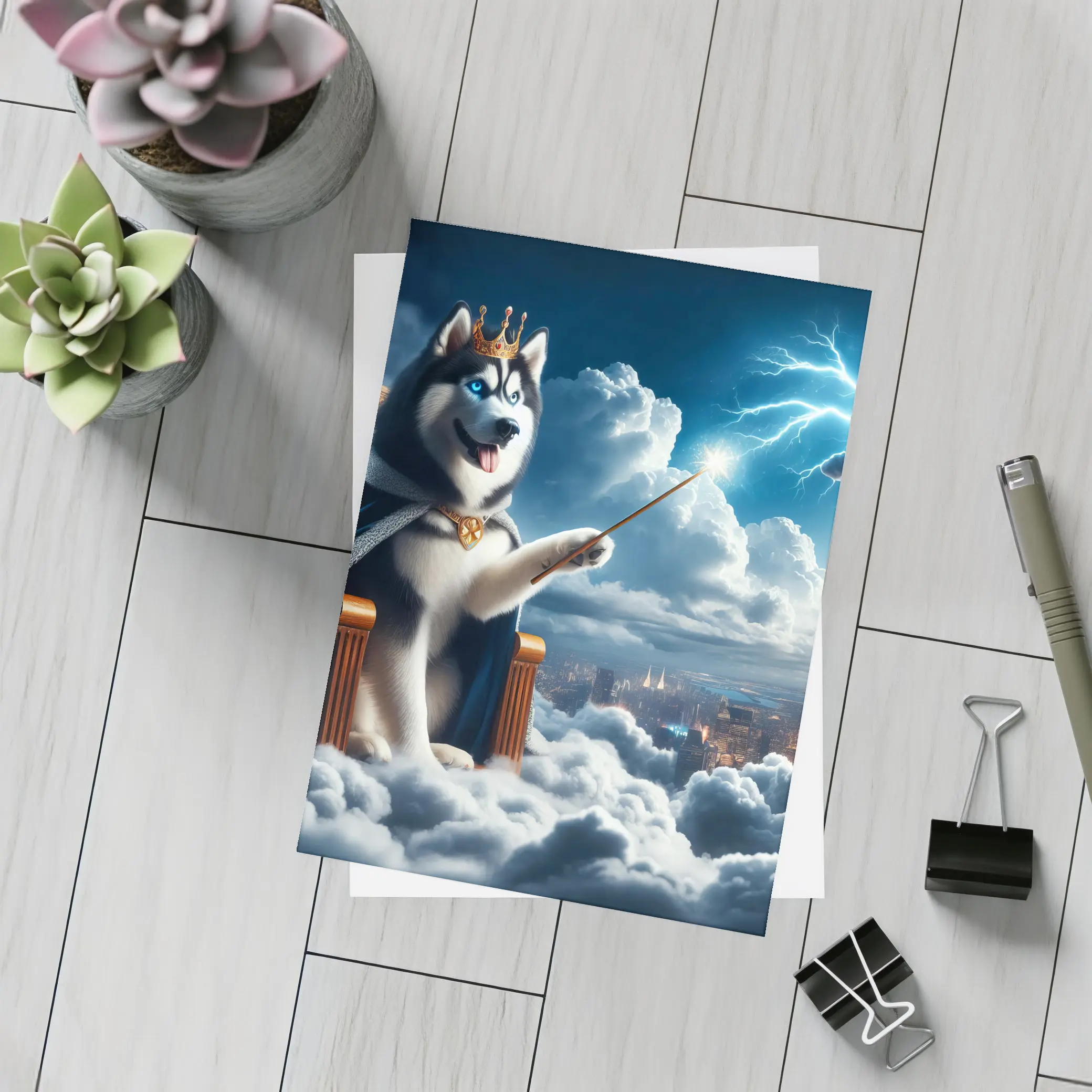 Husky King Throne Clouds City Lightning – Postcards