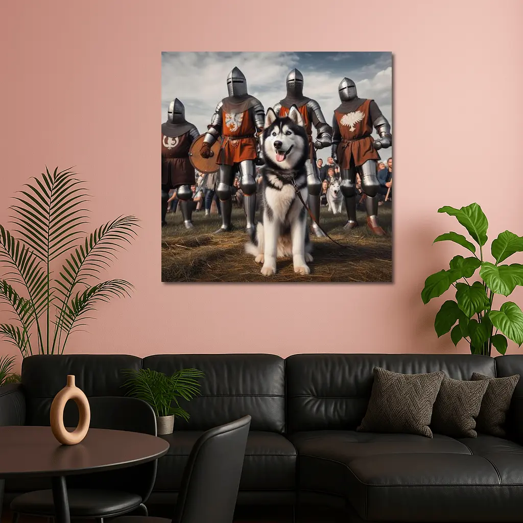 Siberian Husky With Medieval Knights Outdoor – Wall Art