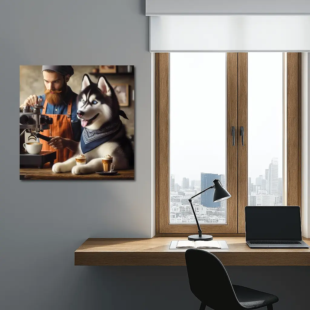 Siberian Husky Barista Coffee Shop Scene – Wall Art