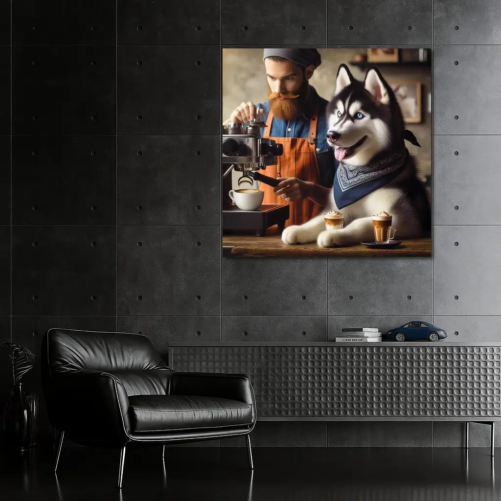 Siberian Husky Barista Coffee Shop Scene – Wall Art