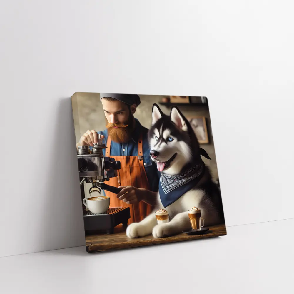 Siberian Husky Barista Coffee Shop Scene – Wall Art