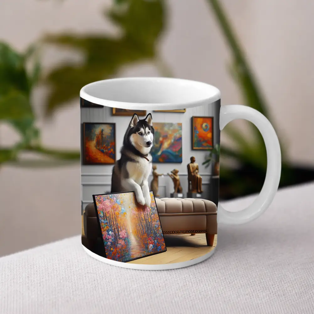 Siberian Husky Posing in Art Gallery – Mugs