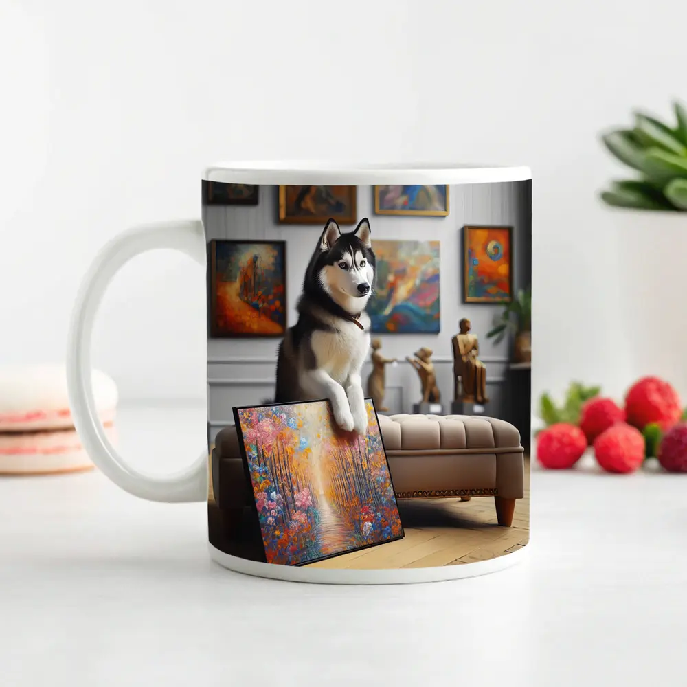 Siberian Husky Posing in Art Gallery – Mugs