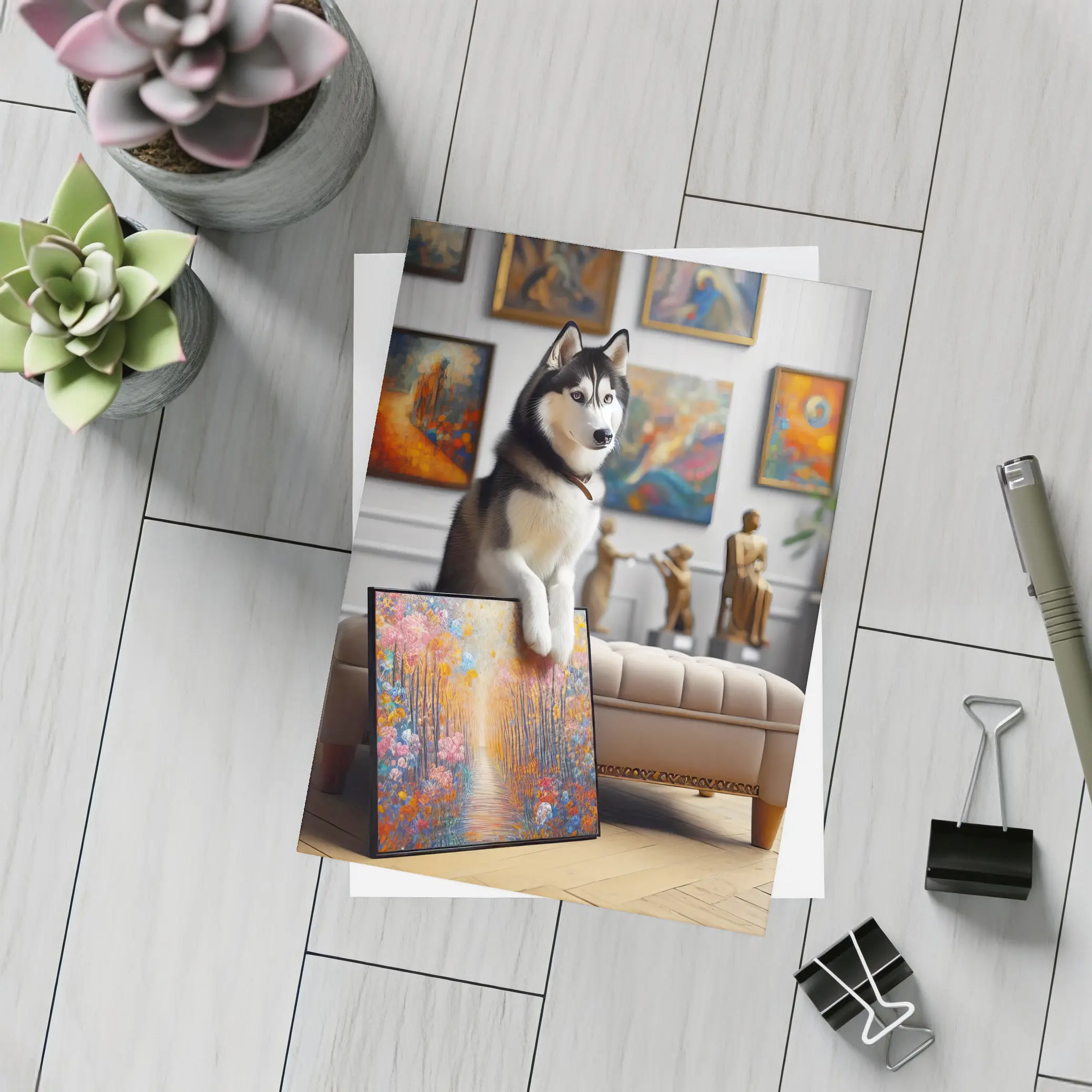 Siberian Husky Posing in Art Gallery – Postcards