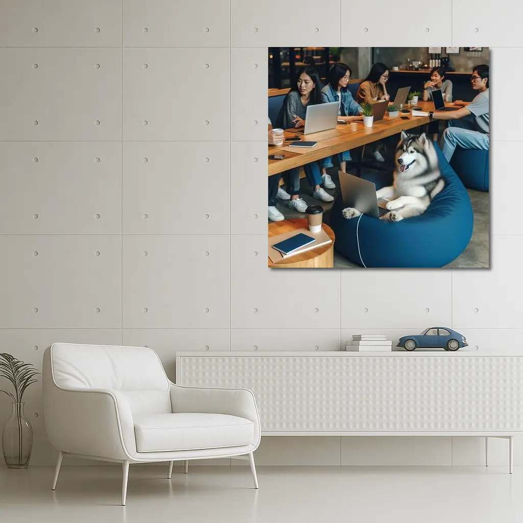 Husky Dog Working Laptop Cozy Cafe – Wall Art