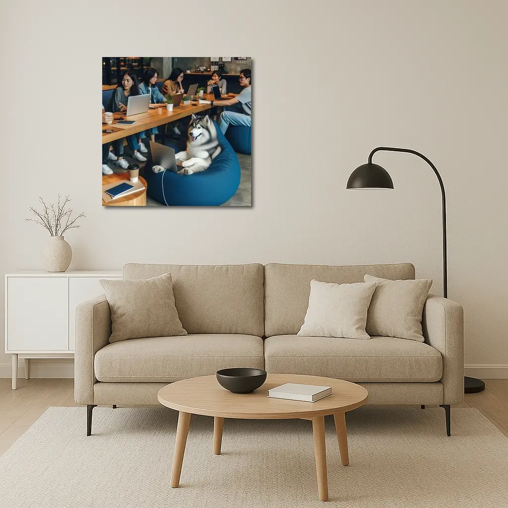 Husky Dog Working Laptop Cozy Cafe – Wall Art