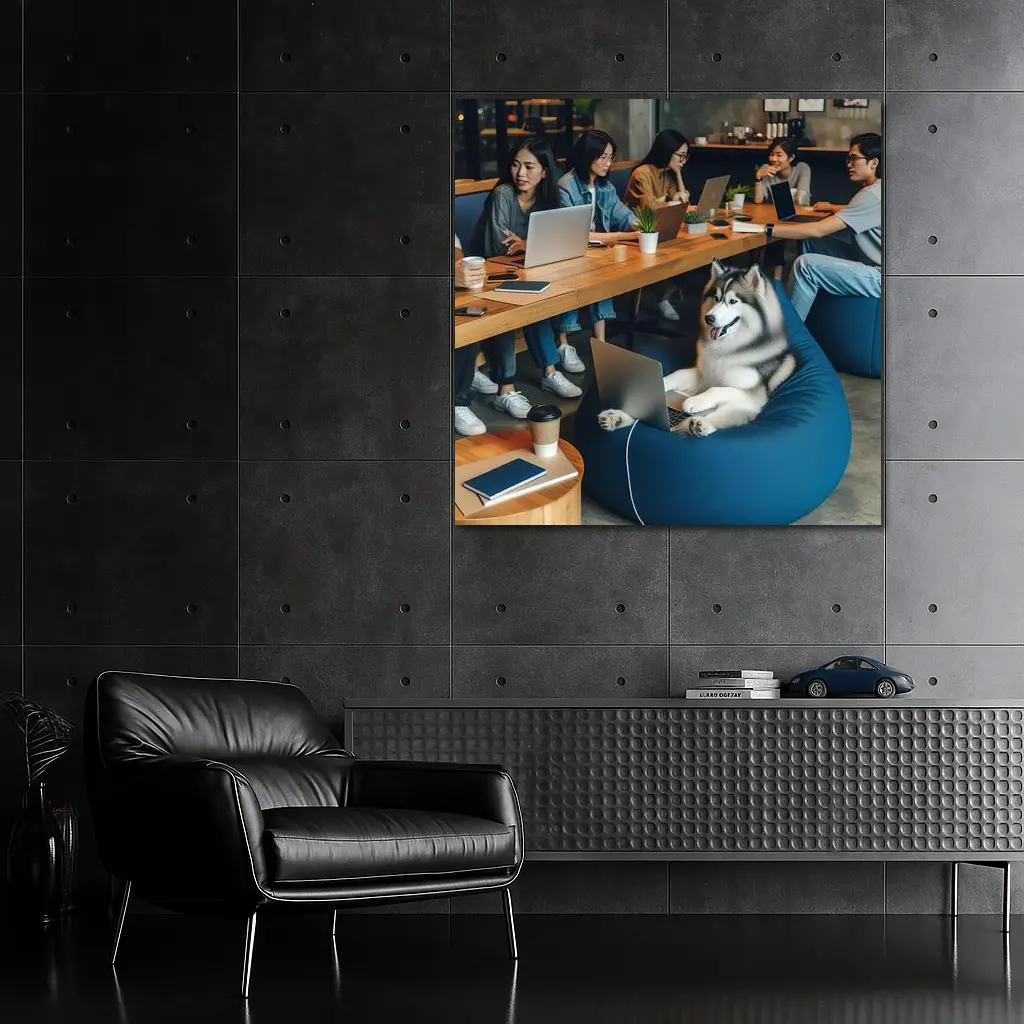 Husky Dog Working Laptop Cozy Cafe – Wall Art