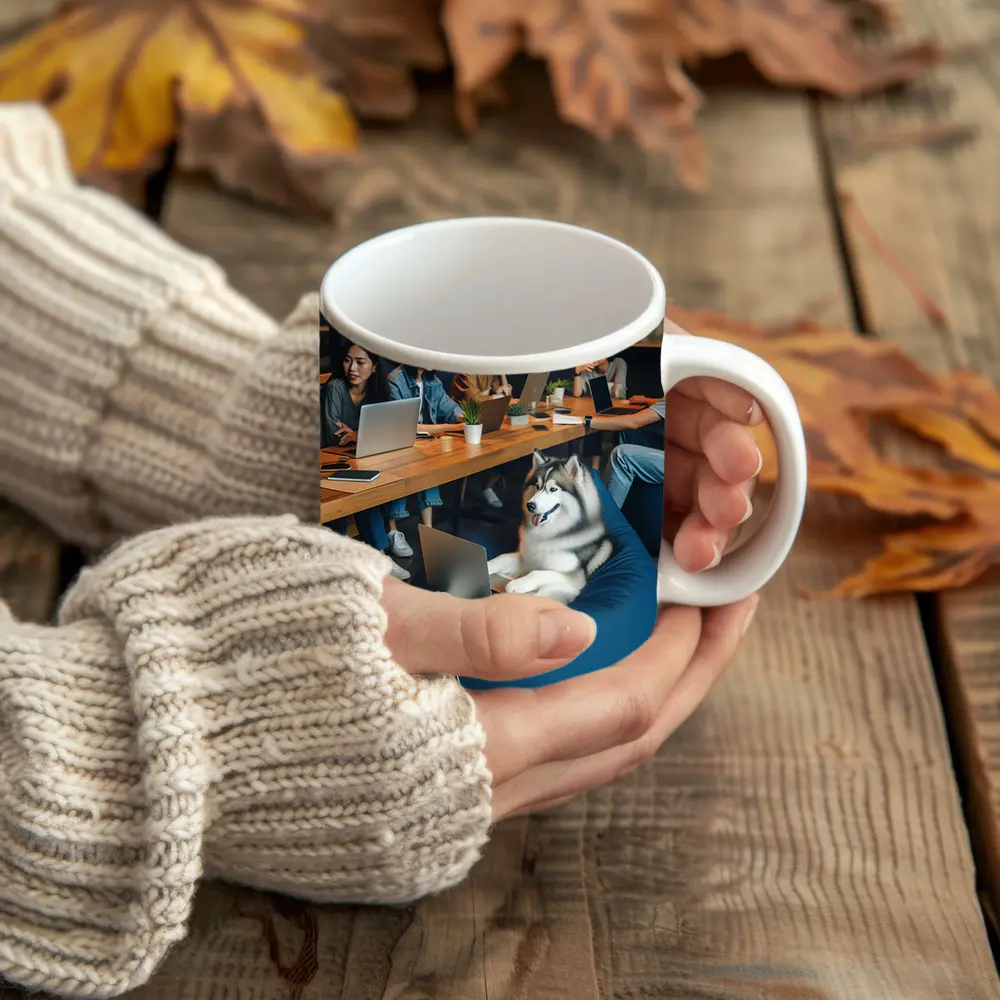 Husky Dog Working Laptop Cozy Cafe – Mugs