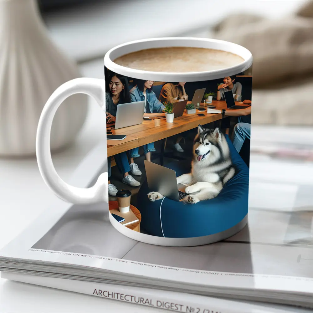 Husky Dog Working Laptop Cozy Cafe – Mugs