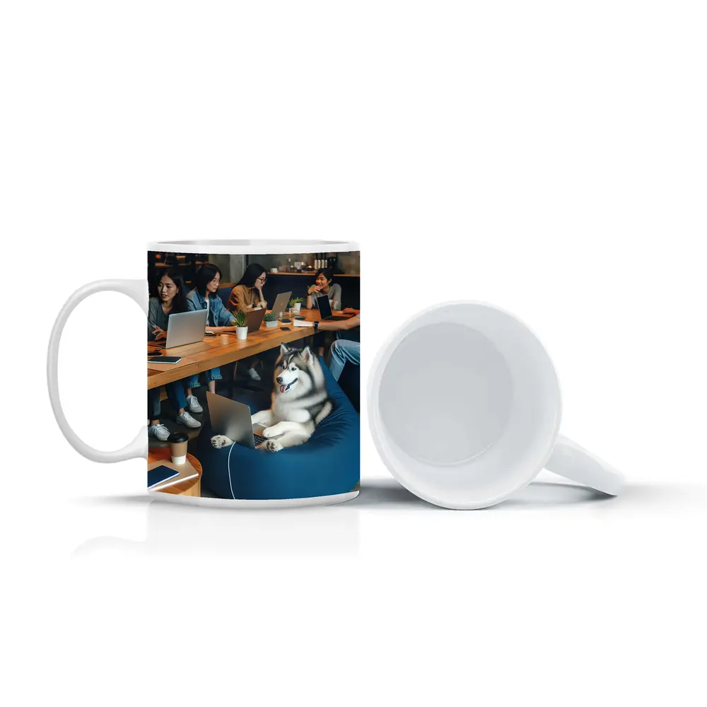 Husky Dog Working Laptop Cozy Cafe – Mugs