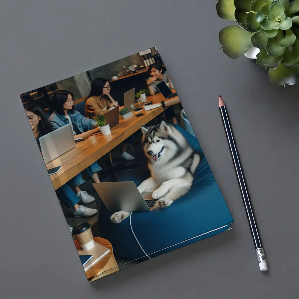 Husky Dog Working Laptop Cozy Cafe – Notebooks