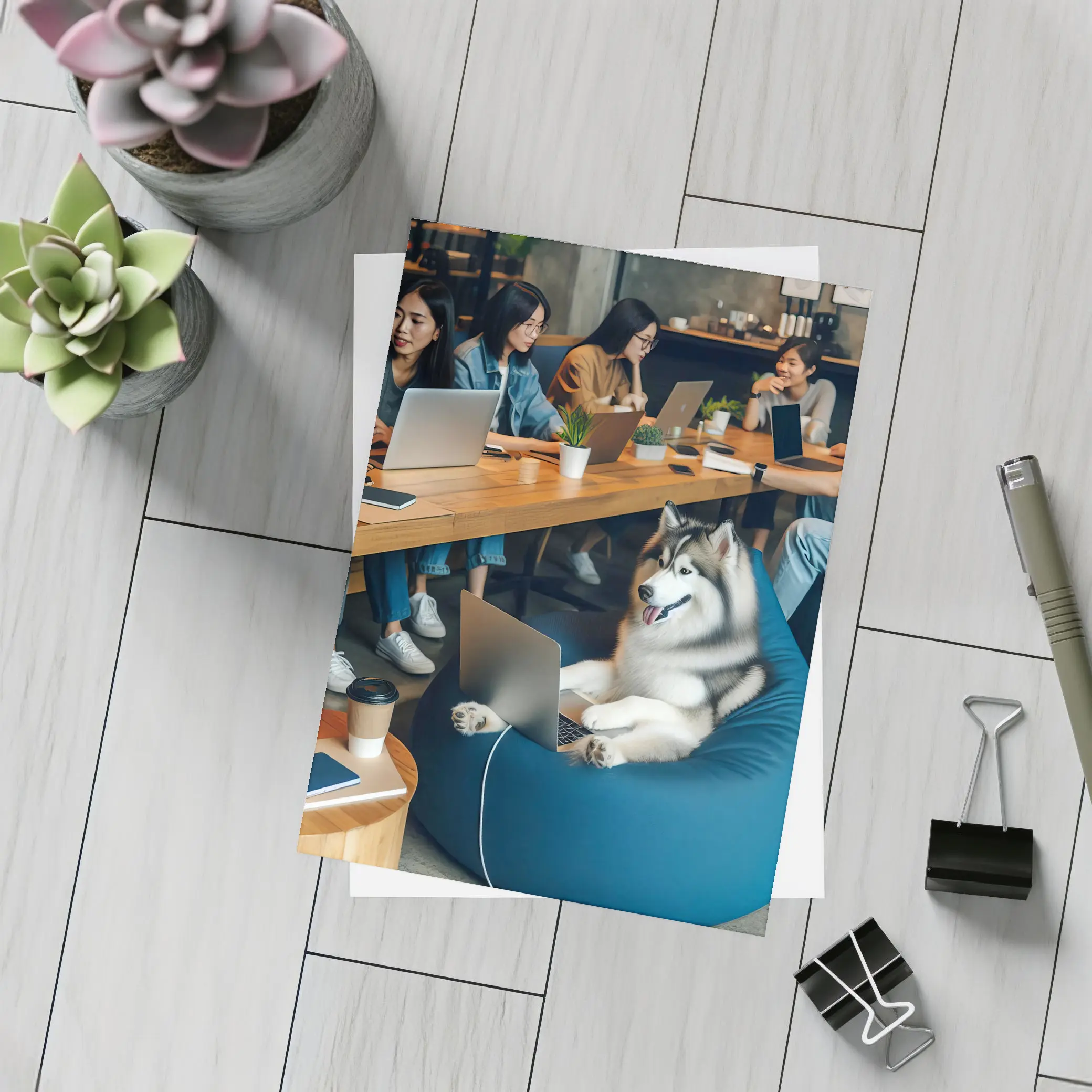 Husky Dog Working Laptop Cozy Cafe – Postcards