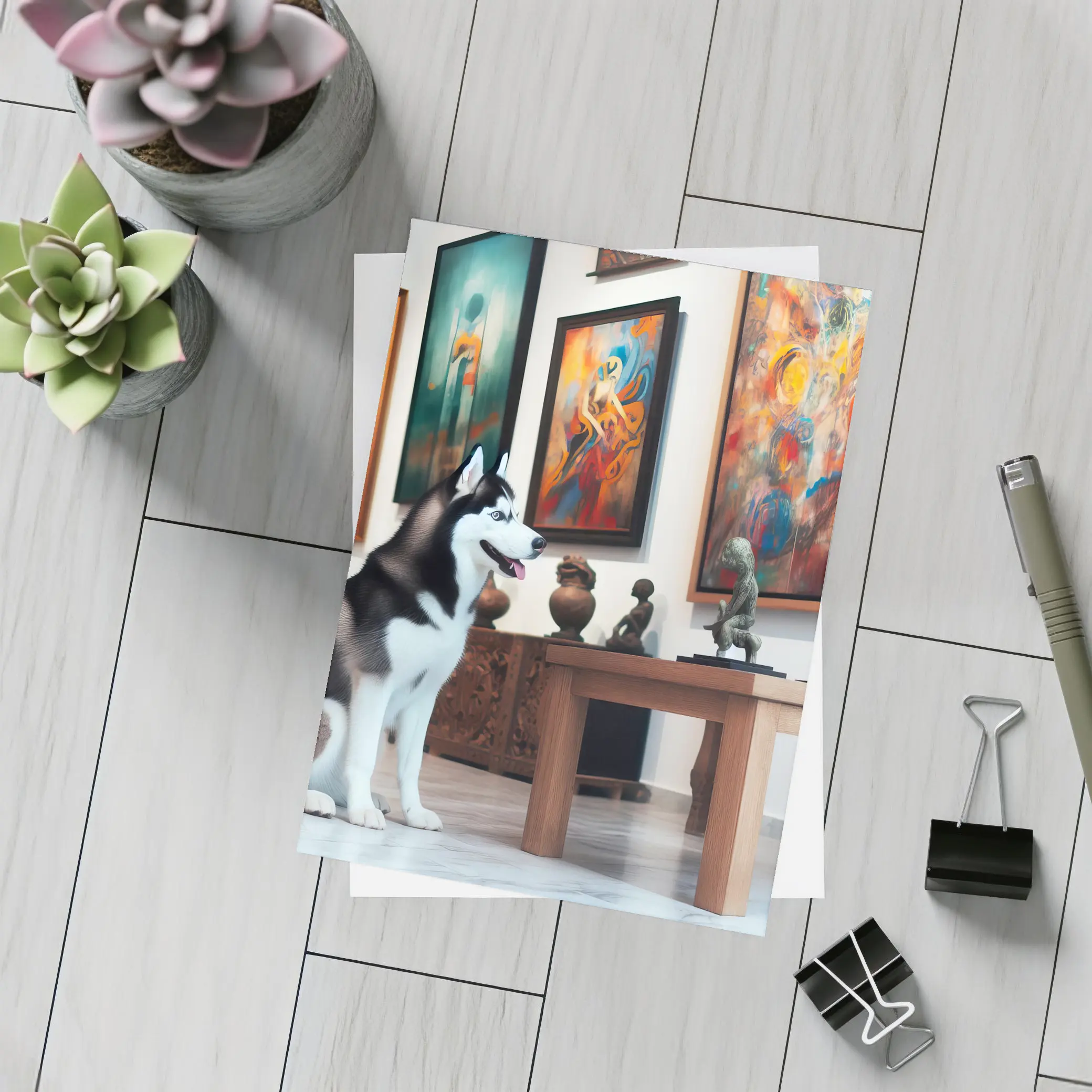 Siberian Husky Sitting In Art Gallery – Postcards