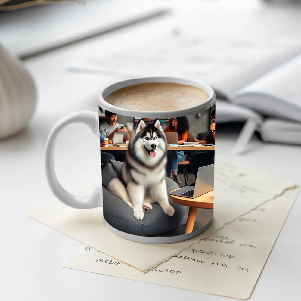 Siberian Husky Sitting in Modern Office – Mugs