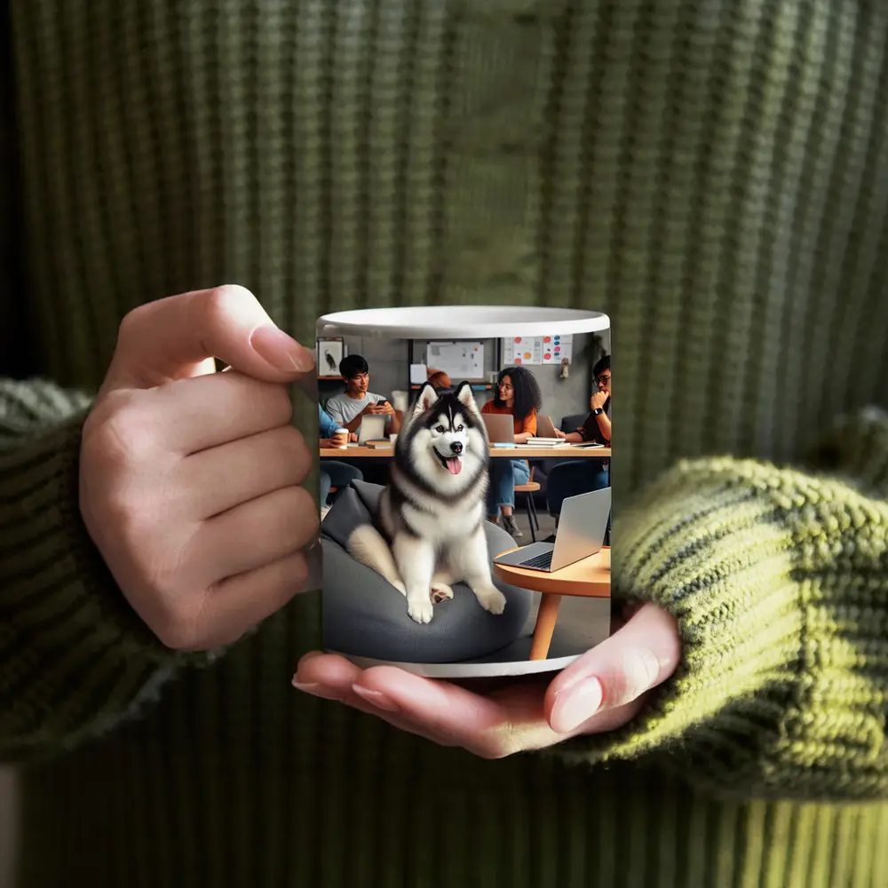 Siberian Husky Sitting in Modern Office – Mugs