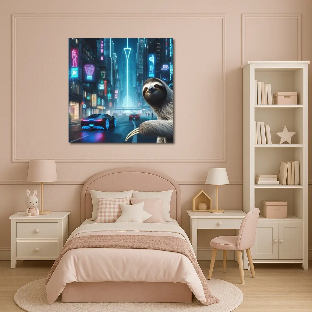 Sloth Neon Cyberpunk City Night Scene – Wall Art