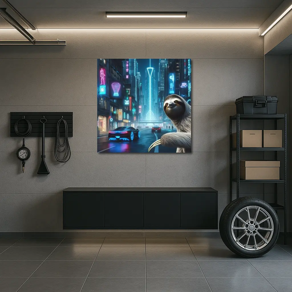 Sloth Neon Cyberpunk City Night Scene – Wall Art