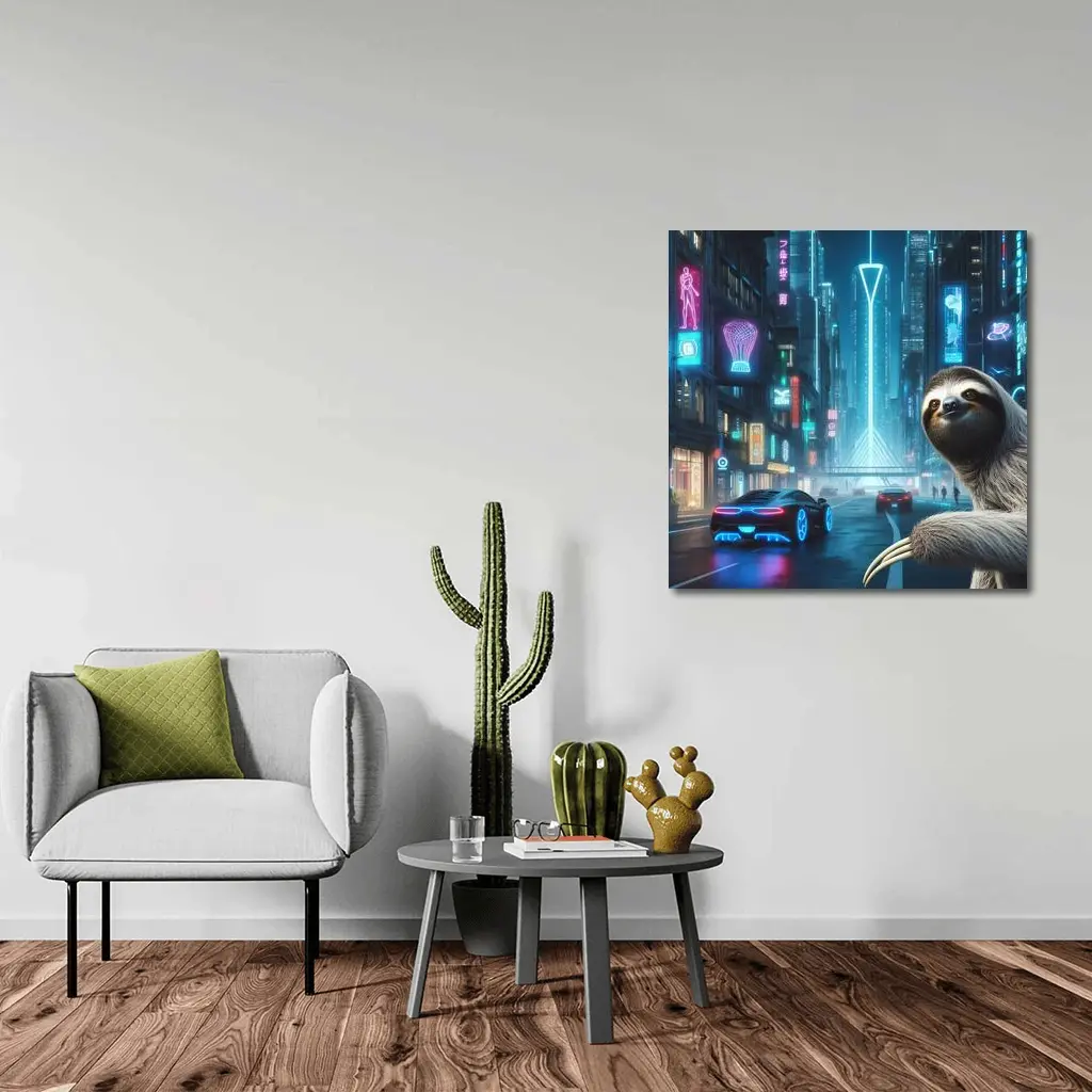 Sloth Neon Cyberpunk City Night Scene – Wall Art