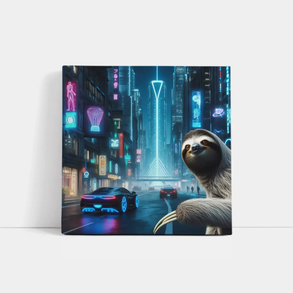 Sloth Neon Cyberpunk City Night Scene – Wall Art