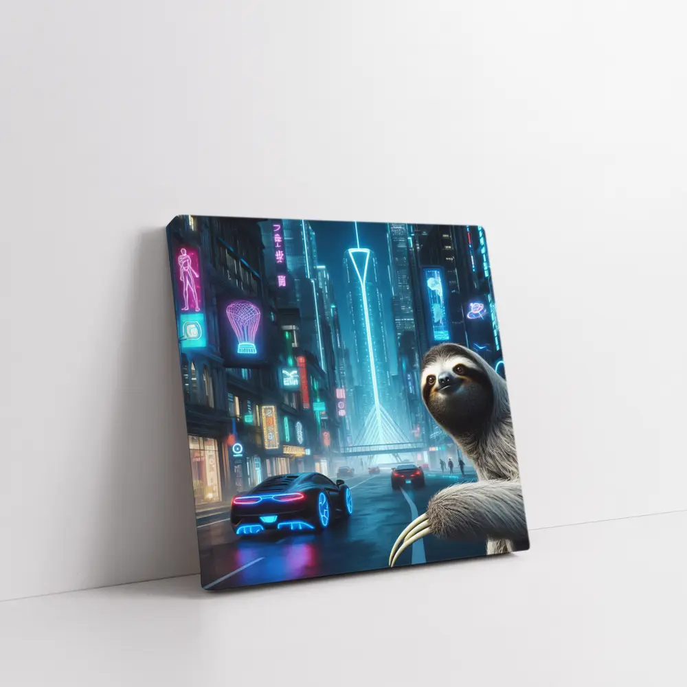 Sloth Neon Cyberpunk City Night Scene – Wall Art