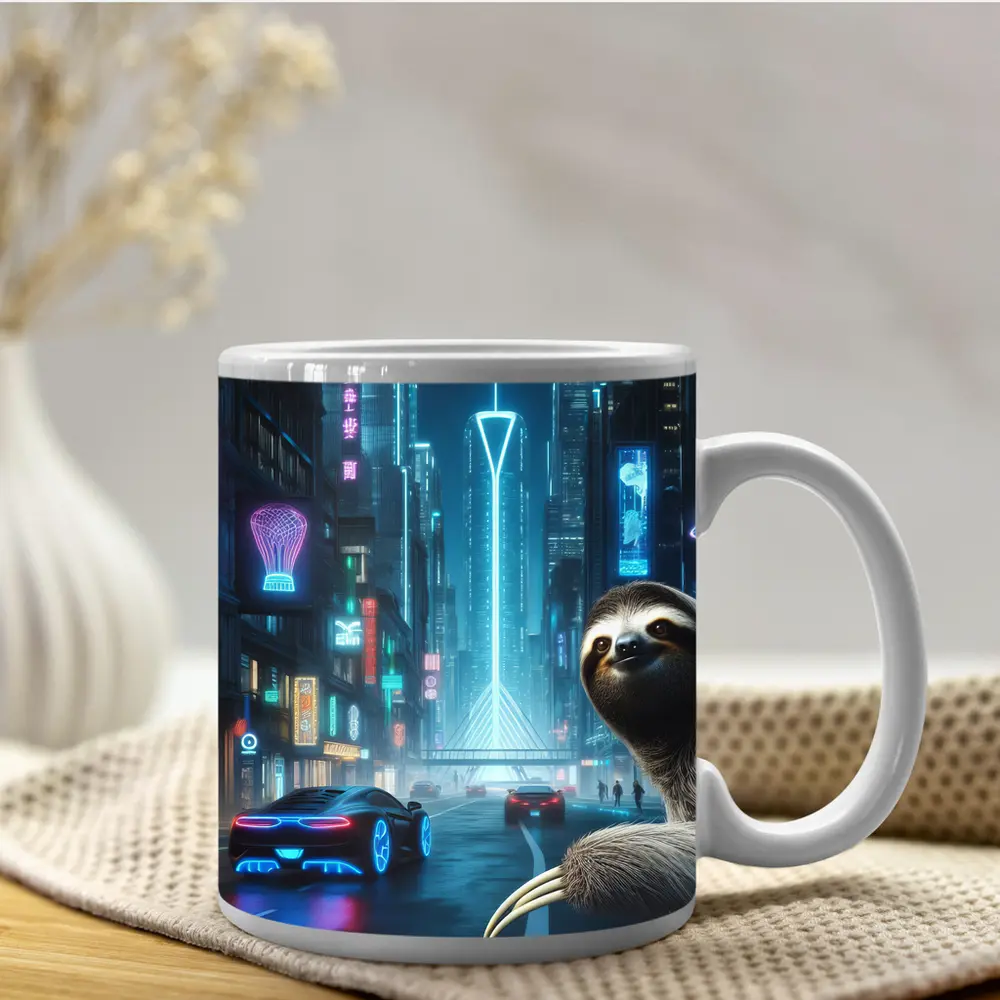 Sloth Neon Cyberpunk City Night Scene – Mugs