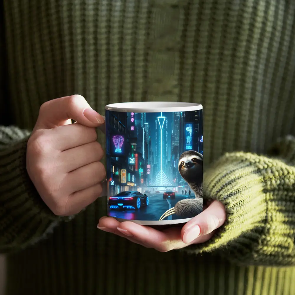 Sloth Neon Cyberpunk City Night Scene – Mugs