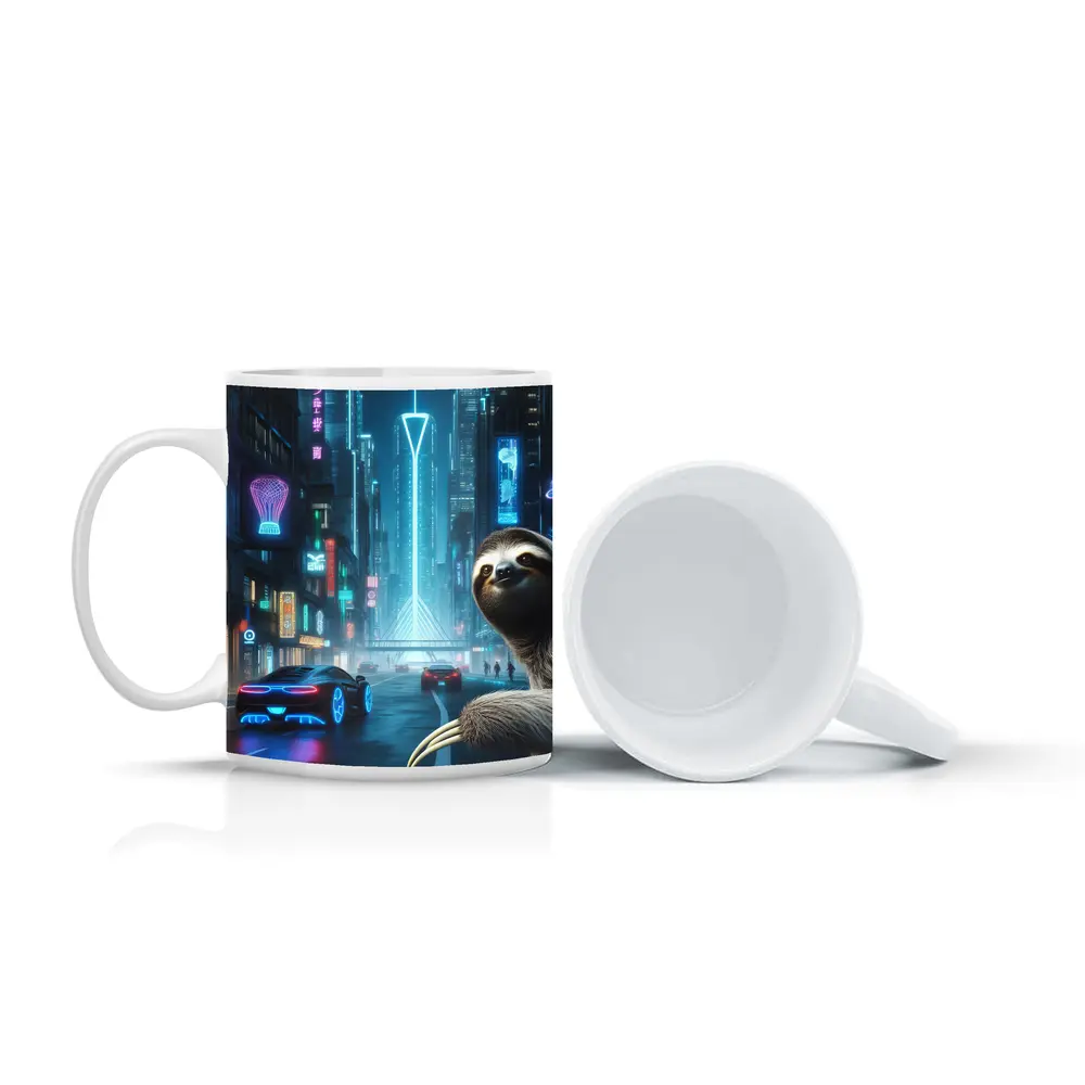 Sloth Neon Cyberpunk City Night Scene – Mugs