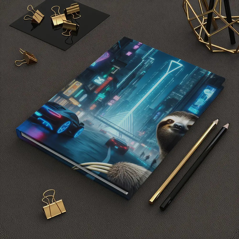 Sloth Neon Cyberpunk City Night Scene – Notebooks