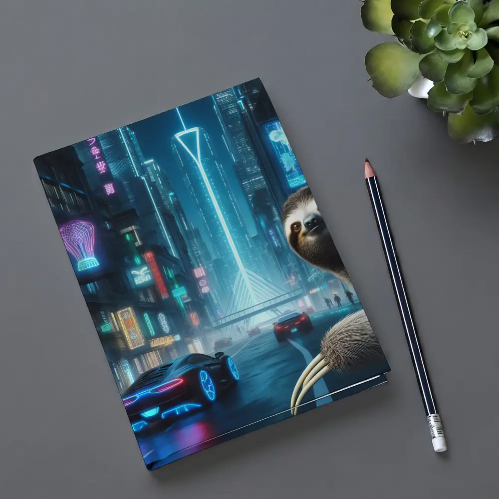 Sloth Neon Cyberpunk City Night Scene – Notebooks