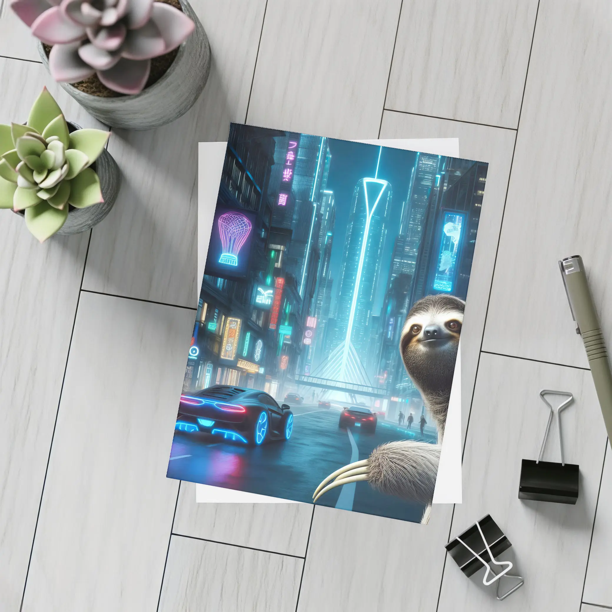 Sloth Neon Cyberpunk City Night Scene – Postcards