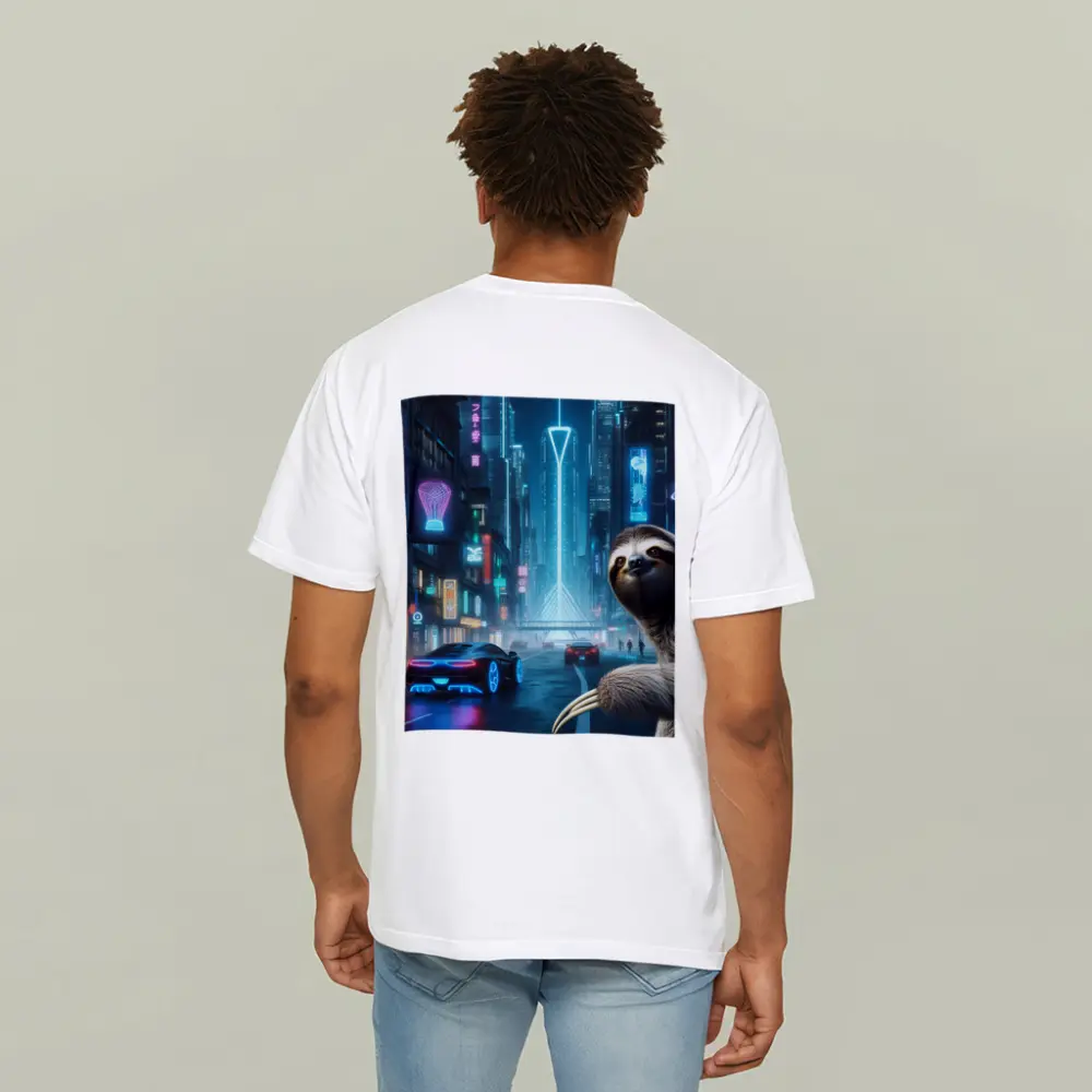Sloth Neon Cyberpunk City Night Scene – T-Shirts