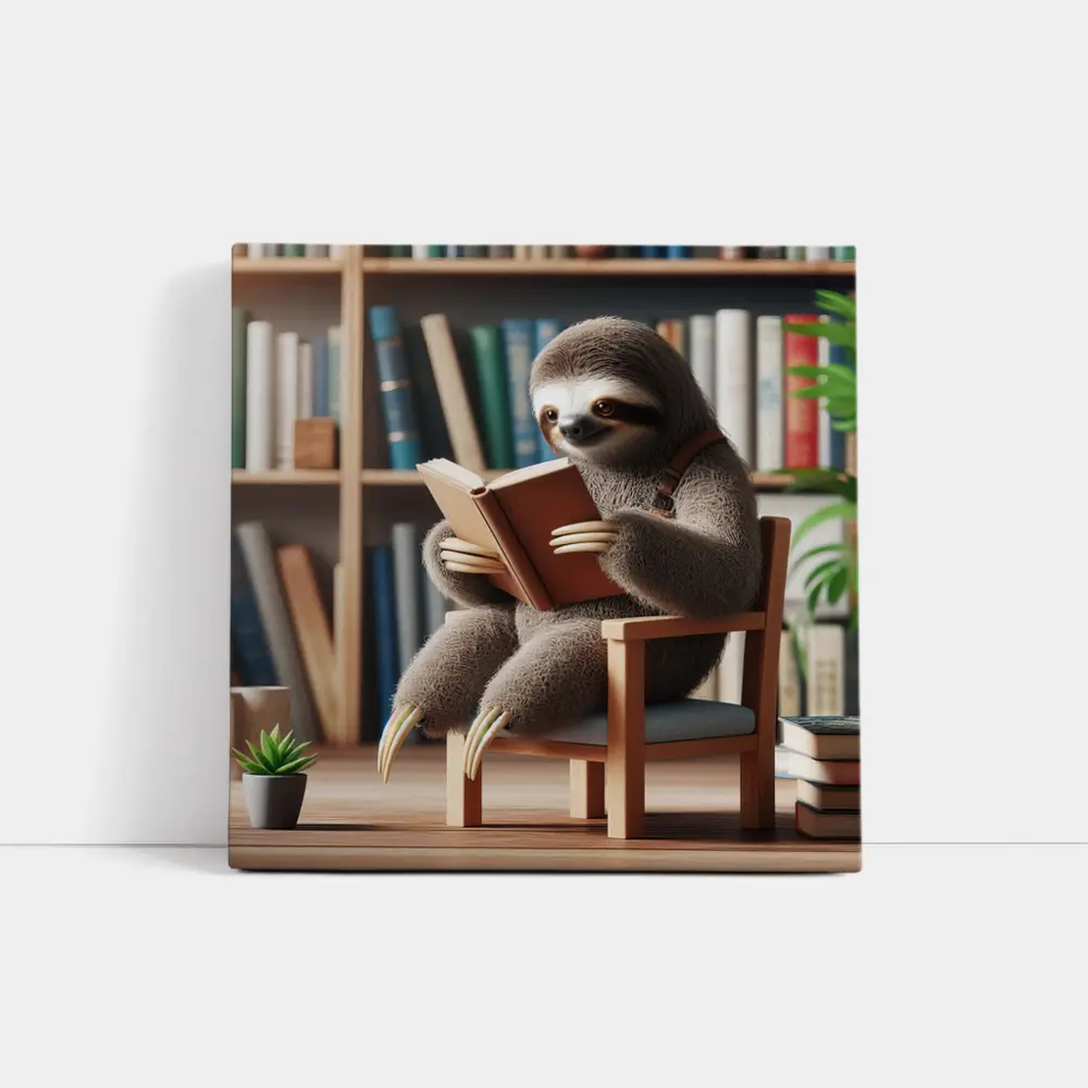 Sloth Reading Book Library Bookshelf – Wall Art