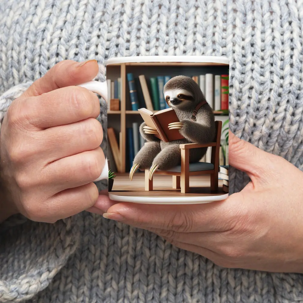 Sloth Reading Book Library Bookshelf – Mugs