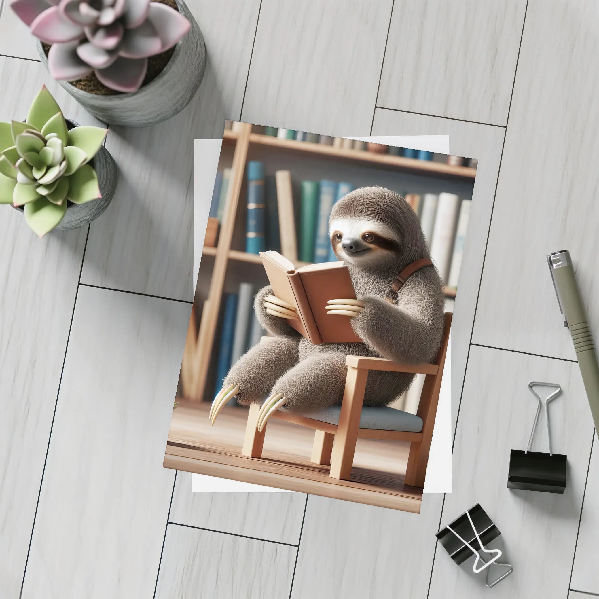 Sloth Reading Book Library Bookshelf – Postcards