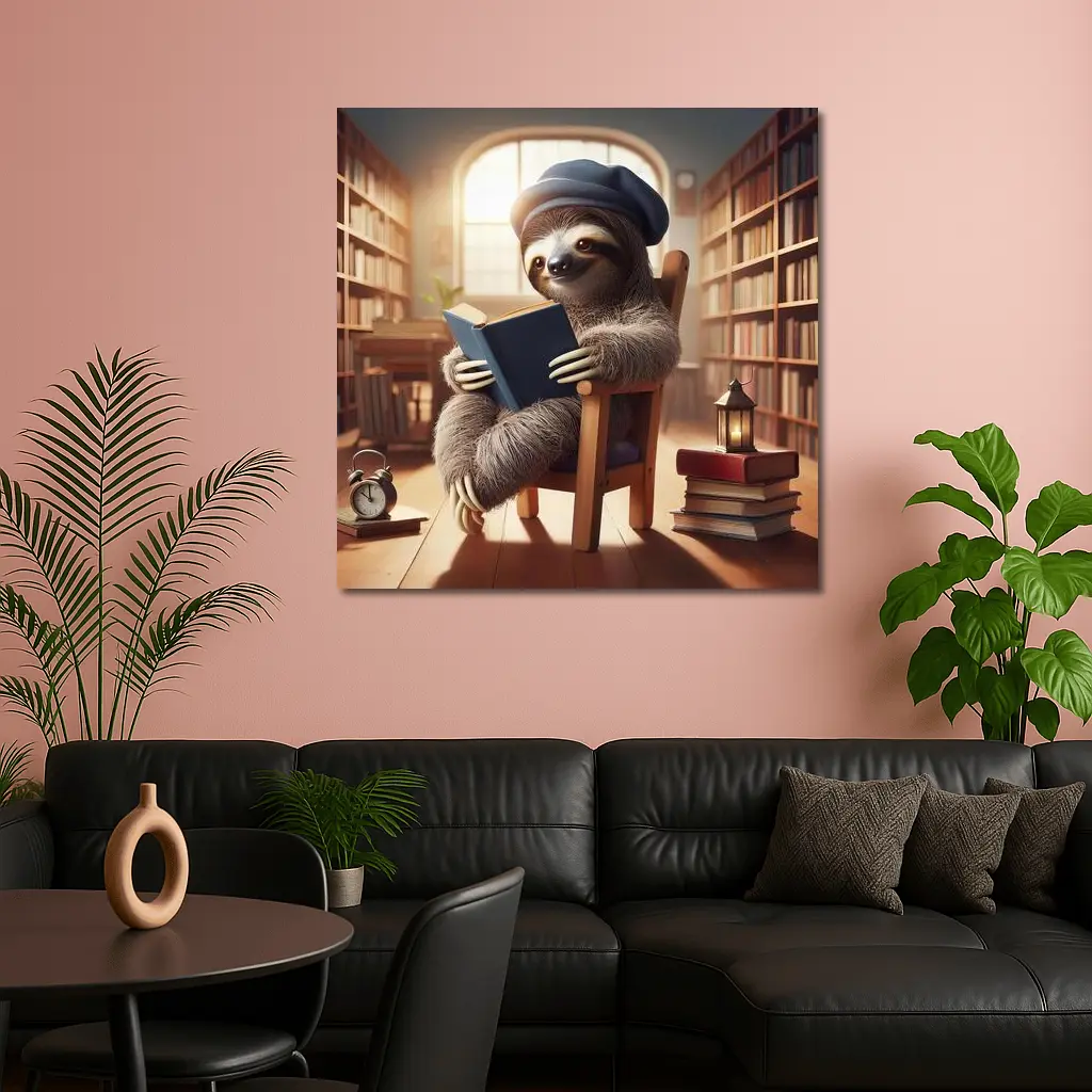 Sloth Reading Book in Cozy Library – Wall Art