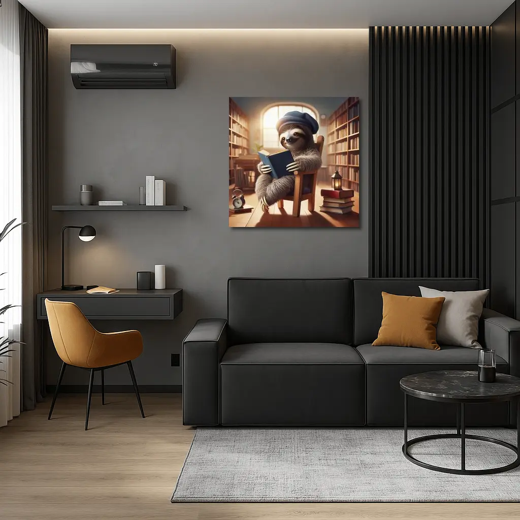 Sloth Reading Book in Cozy Library – Wall Art