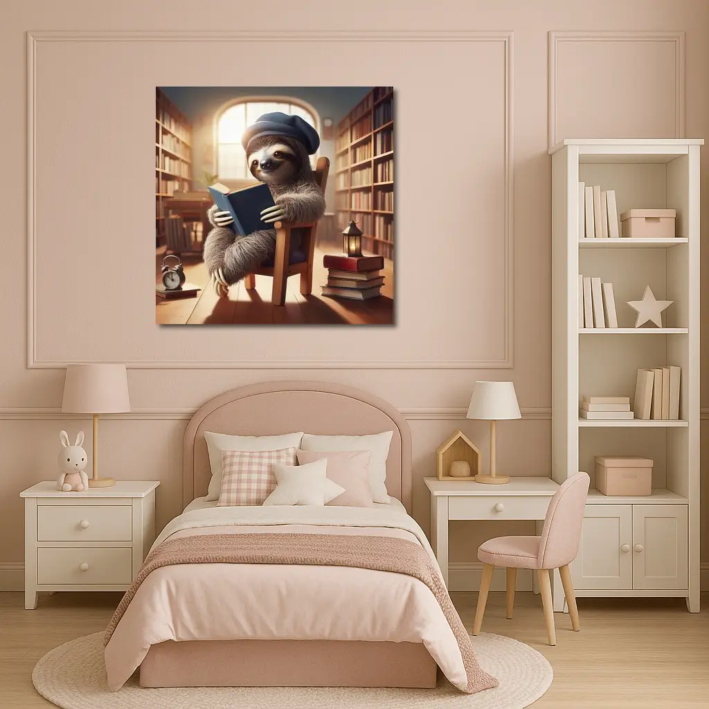 Sloth Reading Book in Cozy Library – Wall Art