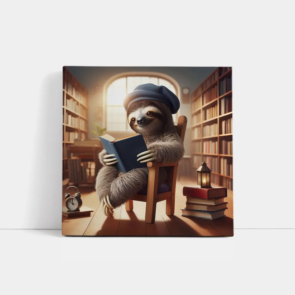 Sloth Reading Book in Cozy Library – Wall Art