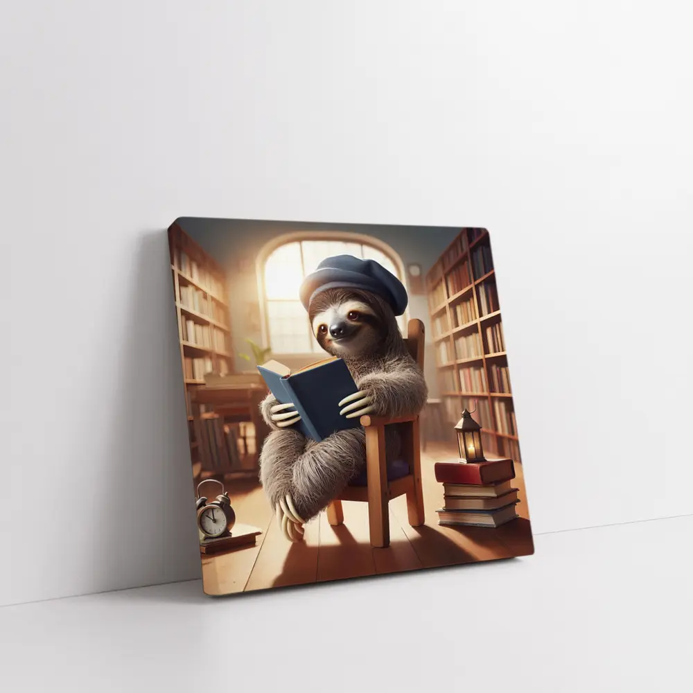 Sloth Reading Book in Cozy Library – Wall Art