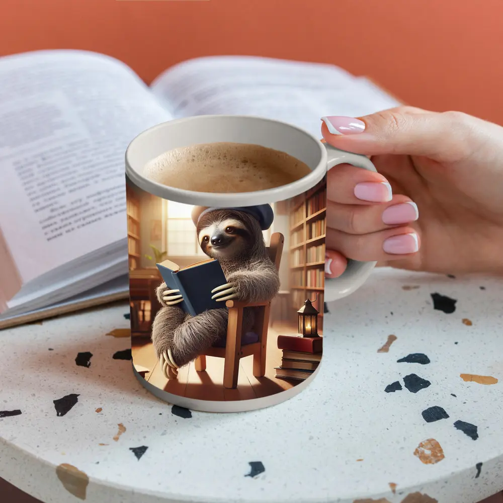 Sloth Reading Book in Cozy Library – Mugs