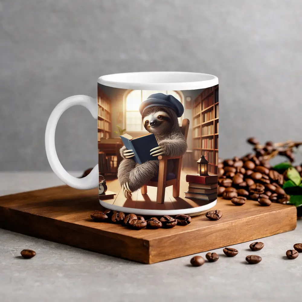 Sloth Reading Book in Cozy Library – Mugs