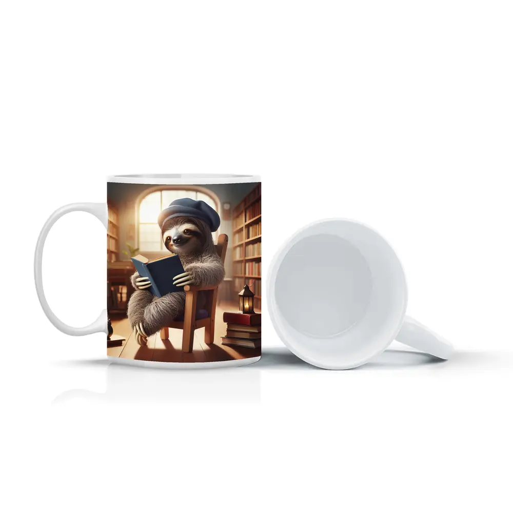 Sloth Reading Book in Cozy Library – Mugs