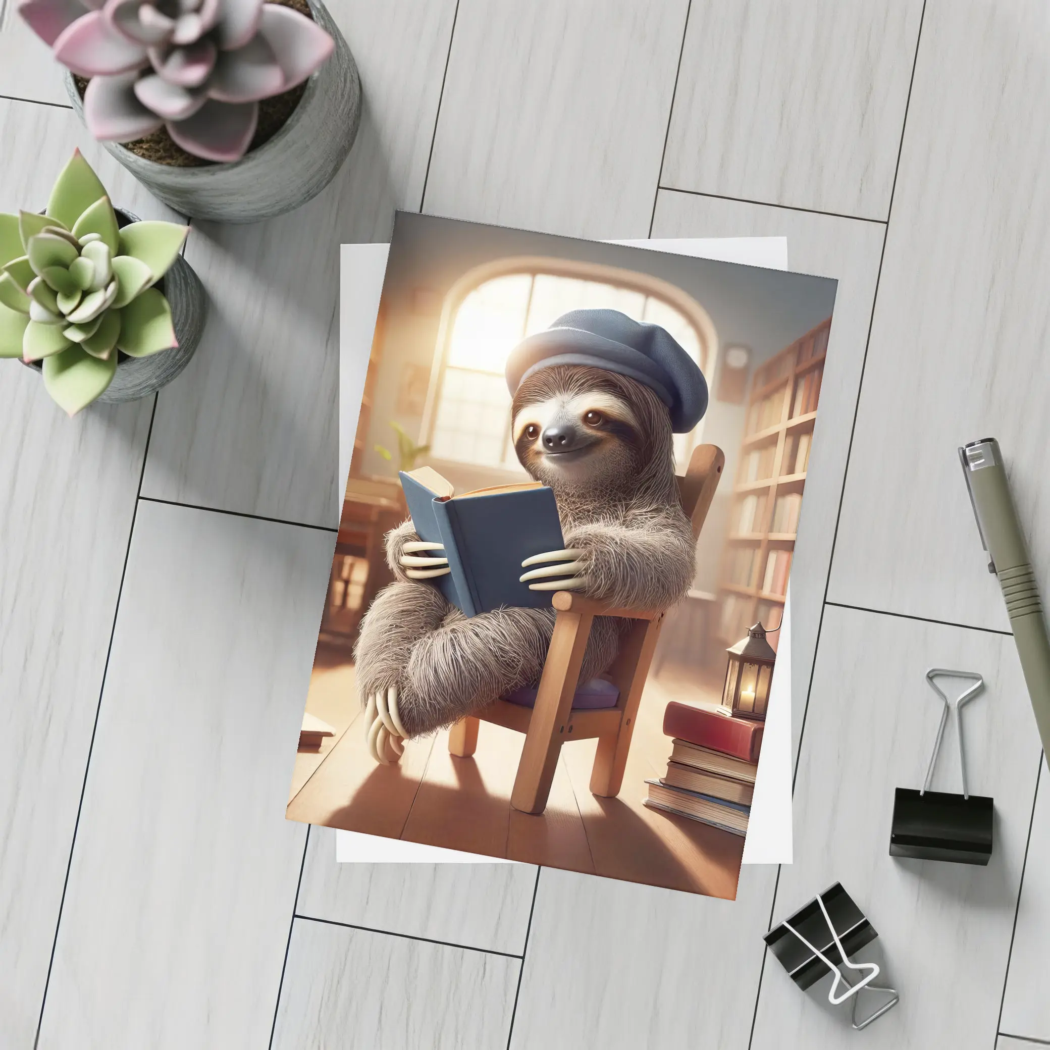 Sloth Reading Book in Cozy Library – Postcards