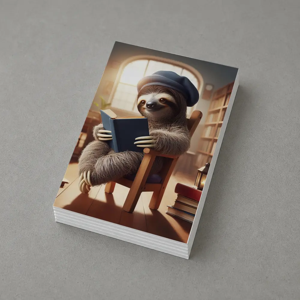 Sloth Reading Book in Cozy Library – Postcards