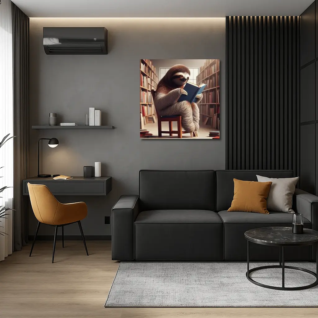 Sloth Reading Book In Library – Wall Art