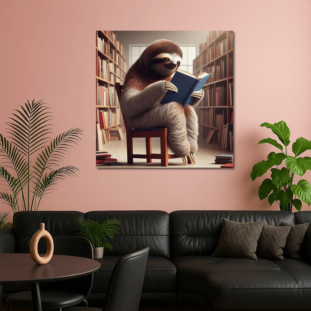 Sloth Reading Book In Library – Wall Art