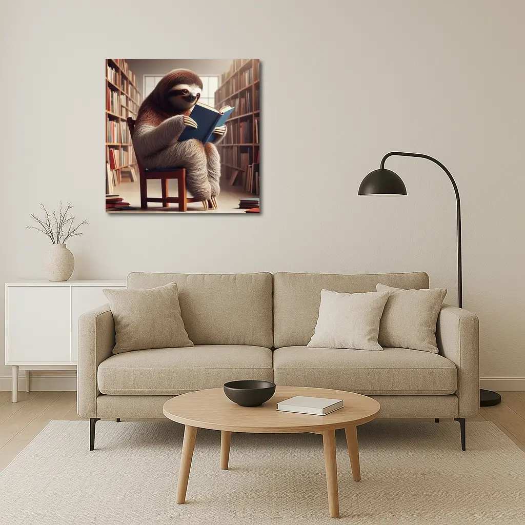 Sloth Reading Book In Library – Wall Art