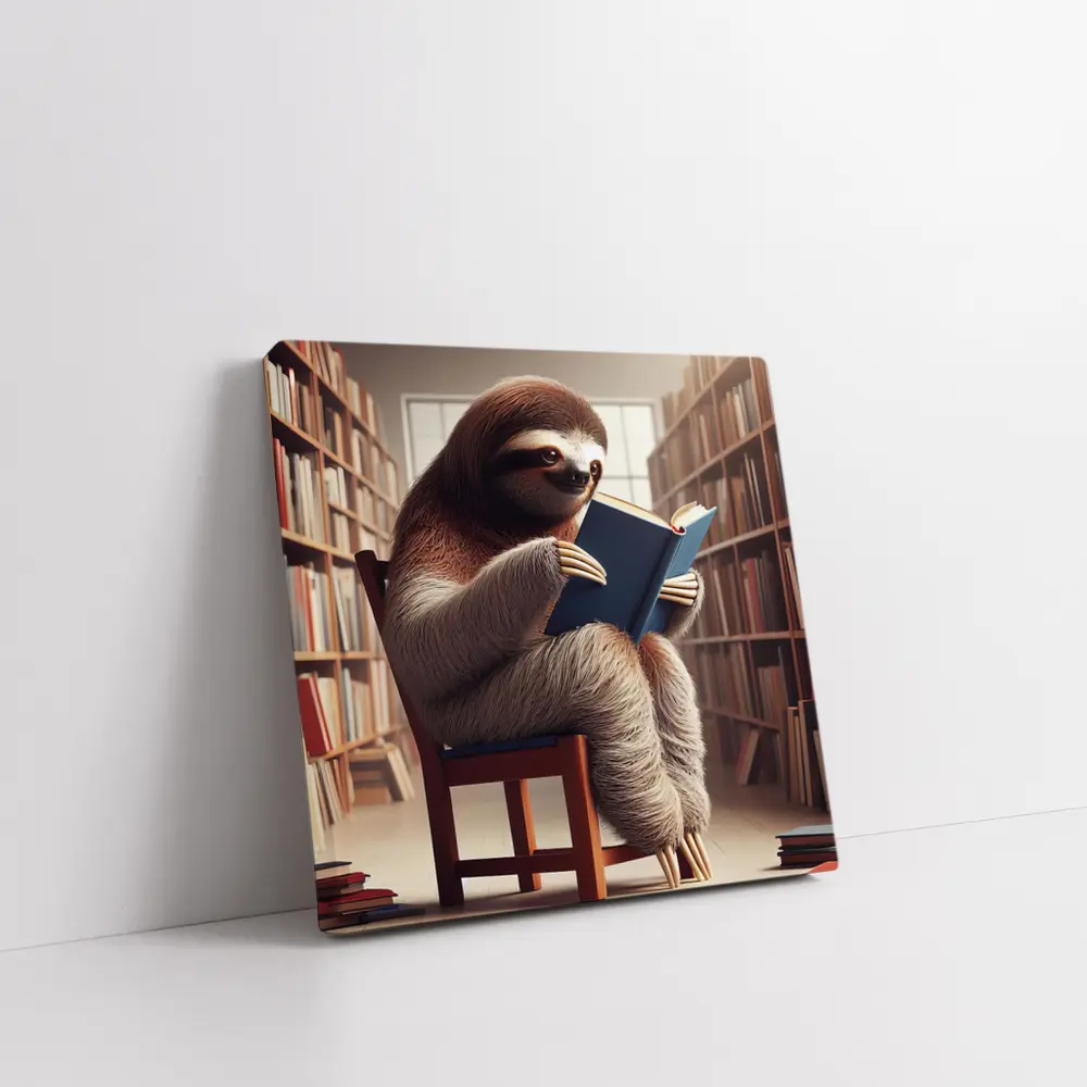 Sloth Reading Book In Library – Wall Art