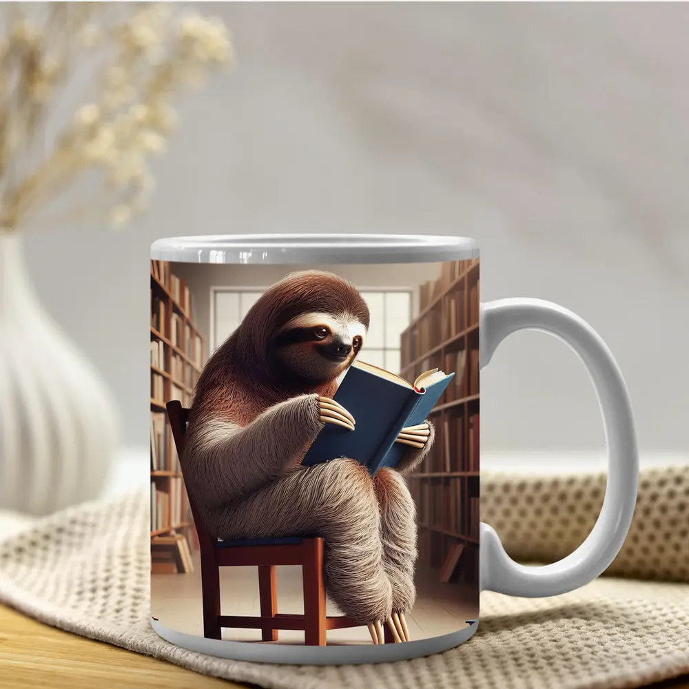 Sloth Reading Book In Library – Mugs